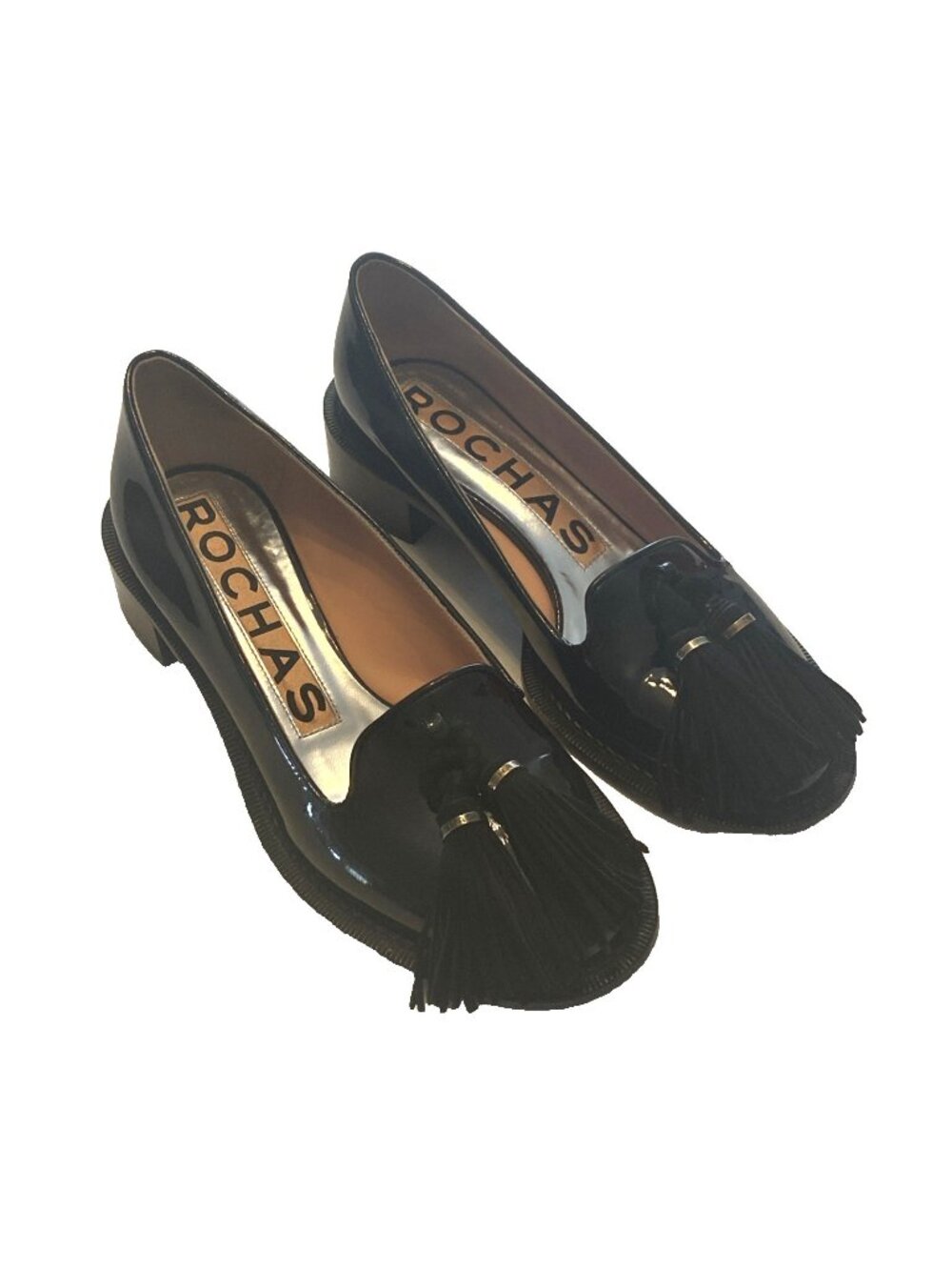 Womens Rochas Black Patent Leather Heeled Tassel Loafers Size Eu 38 / US 8